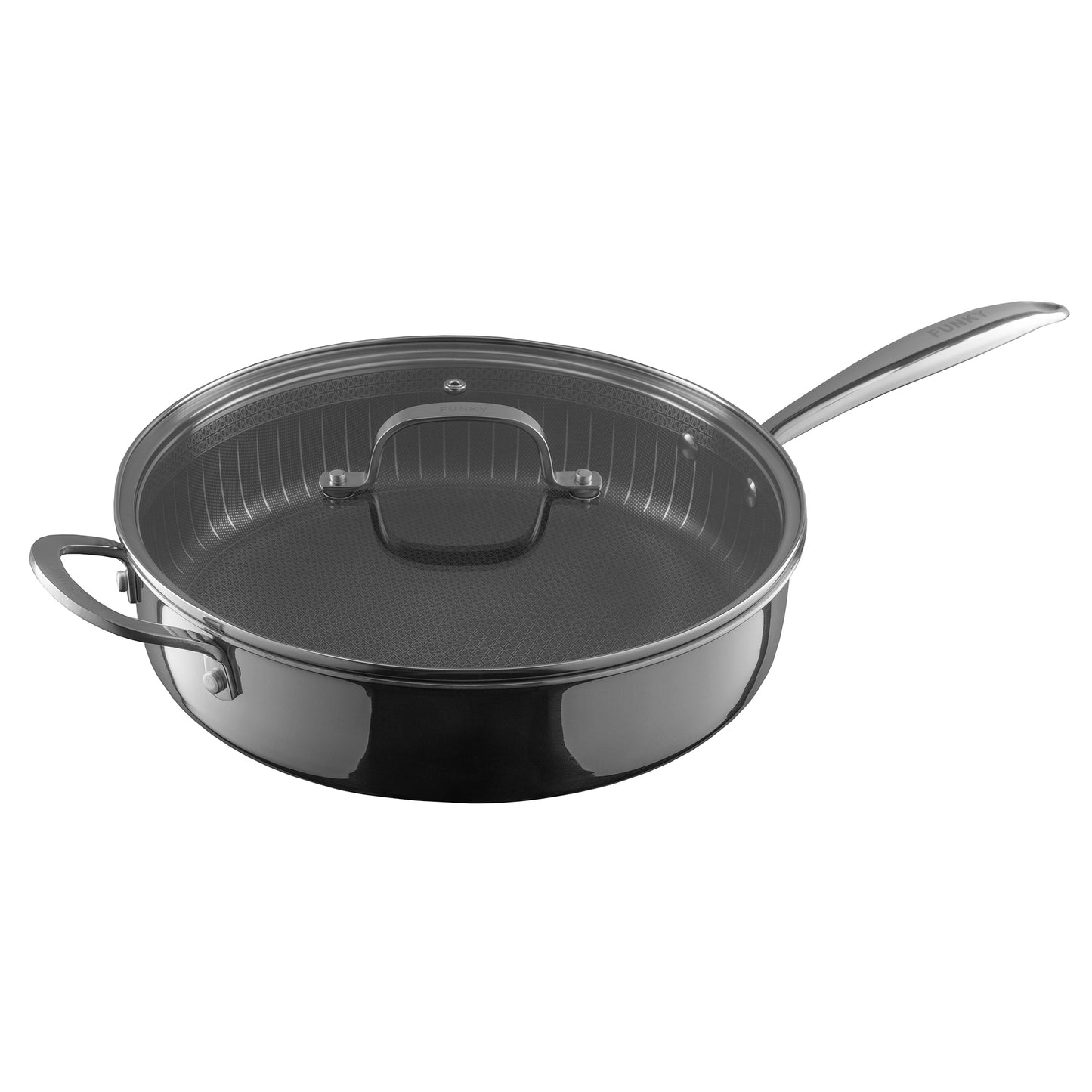 Funky Pro Cookware Tri-ply Frying Pan, 28cm Pro-etched, with glass lid